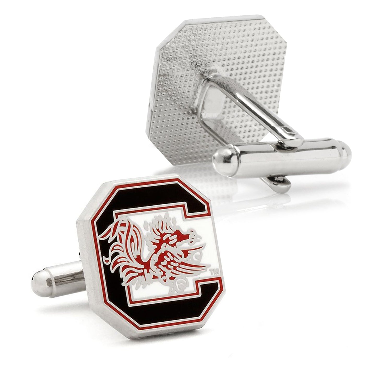 The Cufflinks.com NCAA South Carolina Gamecocks Cufflinks and Tie Bar Gift Set features the team's logo in red, black, and white on a sleek silver background.