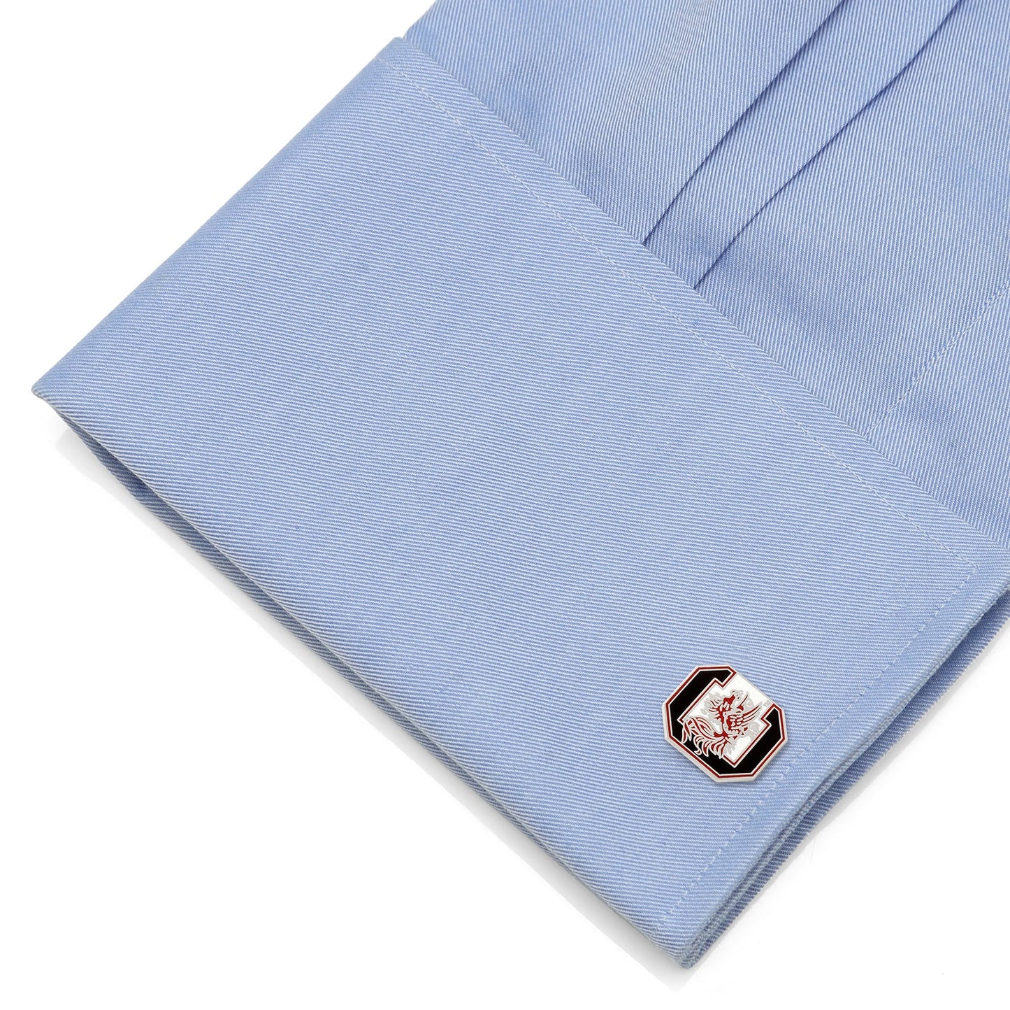 The Cufflinks.com NCAA South Carolina Gamecocks Cufflinks and Tie Bar Gift Set features the team's logo in red, black, and white on a sleek silver background.