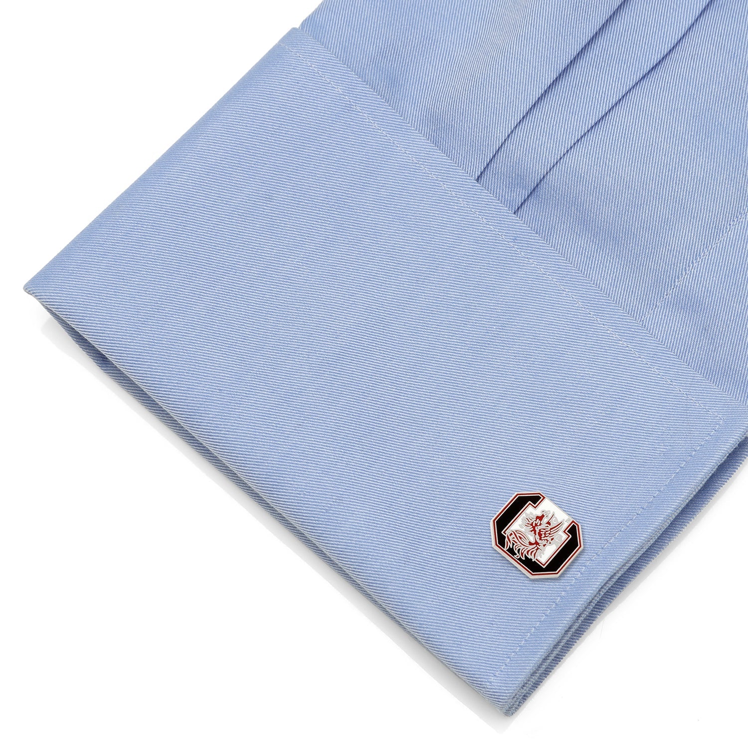 The Cufflinks.com NCAA South Carolina Gamecocks Cufflinks and Tie Bar Gift Set features the team's logo in red, black, and white on a sleek silver background.