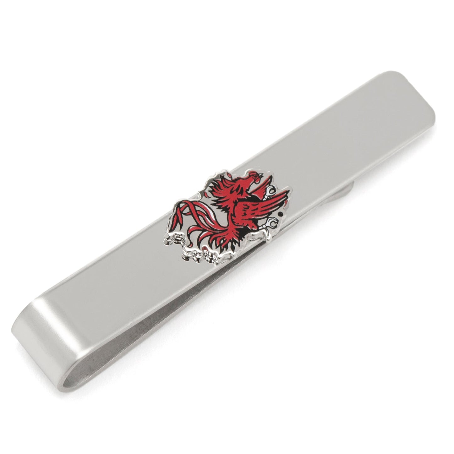 The Cufflinks.com NCAA South Carolina Gamecocks Cufflinks and Tie Bar Gift Set features the team's logo in red, black, and white on a sleek silver background.