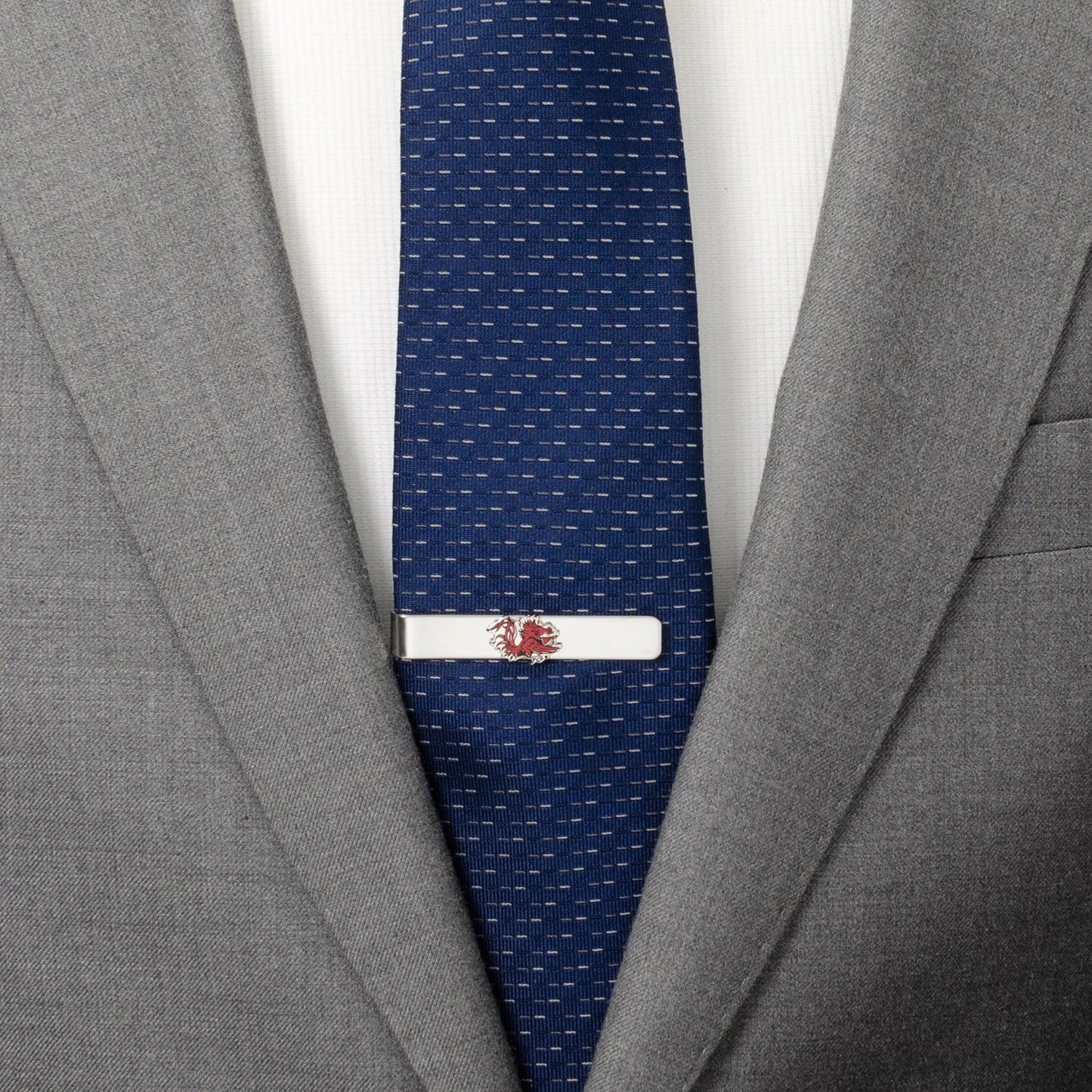 The Cufflinks.com NCAA South Carolina Gamecocks Cufflinks and Tie Bar Gift Set features the team's logo in red, black, and white on a sleek silver background.