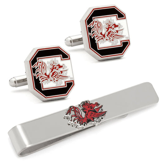 The Cufflinks.com NCAA South Carolina Gamecocks Cufflinks and Tie Bar Gift Set features the team's logo in red, black, and white on a sleek silver background.