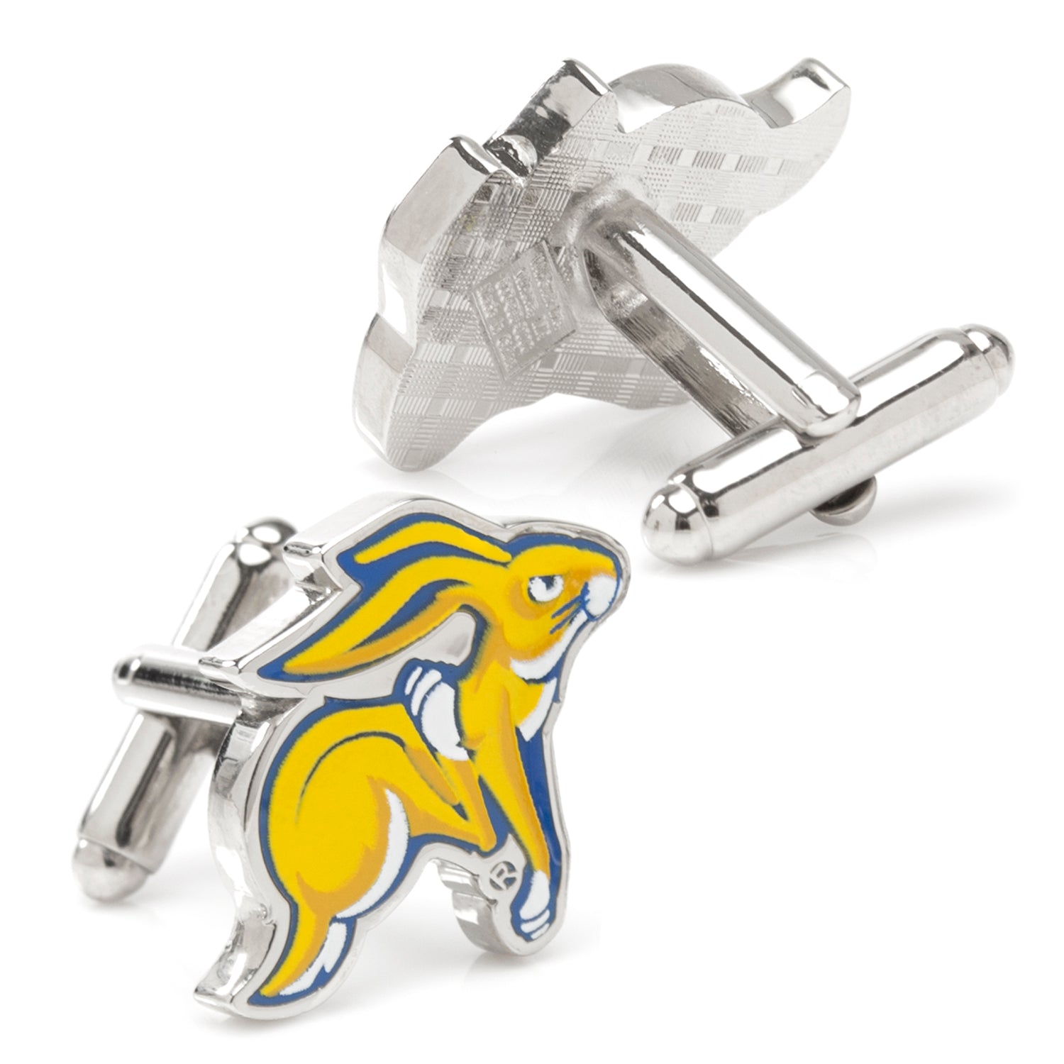 Show your South Dakota State University pride with these NCAA South Dakota State University Cufflinks by Cufflinks.com, featuring a vibrant yellow and blue cartoon jackrabbit design. Perfect accessories for dedicated fans.