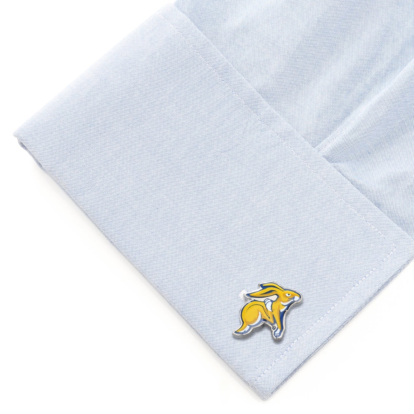 Show your South Dakota State University pride with these NCAA South Dakota State University Cufflinks by Cufflinks.com, featuring a vibrant yellow and blue cartoon jackrabbit design. Perfect accessories for dedicated fans.
