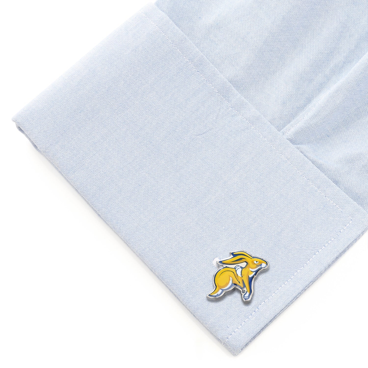 Show your South Dakota State University pride with these NCAA South Dakota State University Cufflinks by Cufflinks.com, featuring a vibrant yellow and blue cartoon jackrabbit design. Perfect accessories for dedicated fans.