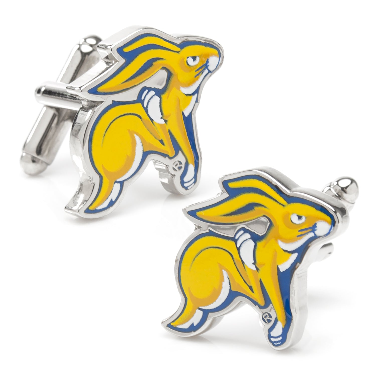 Show your South Dakota State University pride with these NCAA South Dakota State University Cufflinks by Cufflinks.com, featuring a vibrant yellow and blue cartoon jackrabbit design. Perfect accessories for dedicated fans.