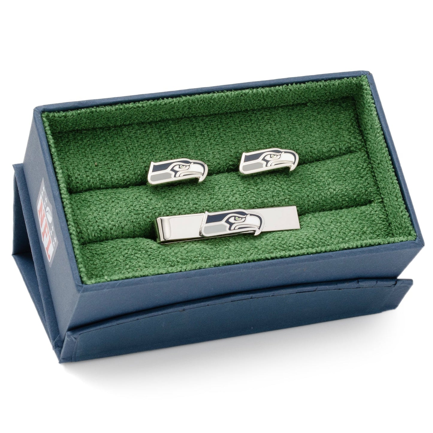 The NFL Seattle Seahawks Cufflinks and Tie Bar Gift Set from Cufflinks.com features the team’s logo in blue, white, and green on a silver base—ideal NFL accessories for any dedicated fan.