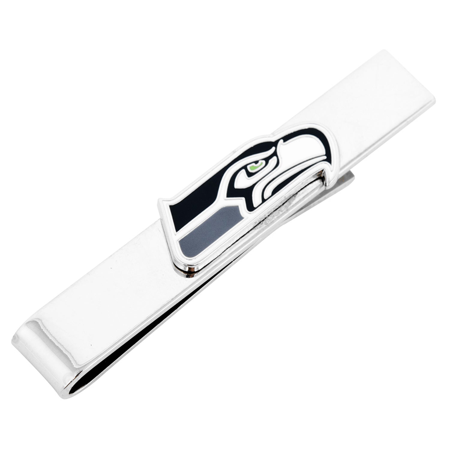 The NFL Seattle Seahawks Cufflinks and Tie Bar Gift Set from Cufflinks.com features the team’s logo in blue, white, and green on a silver base—ideal NFL accessories for any dedicated fan.