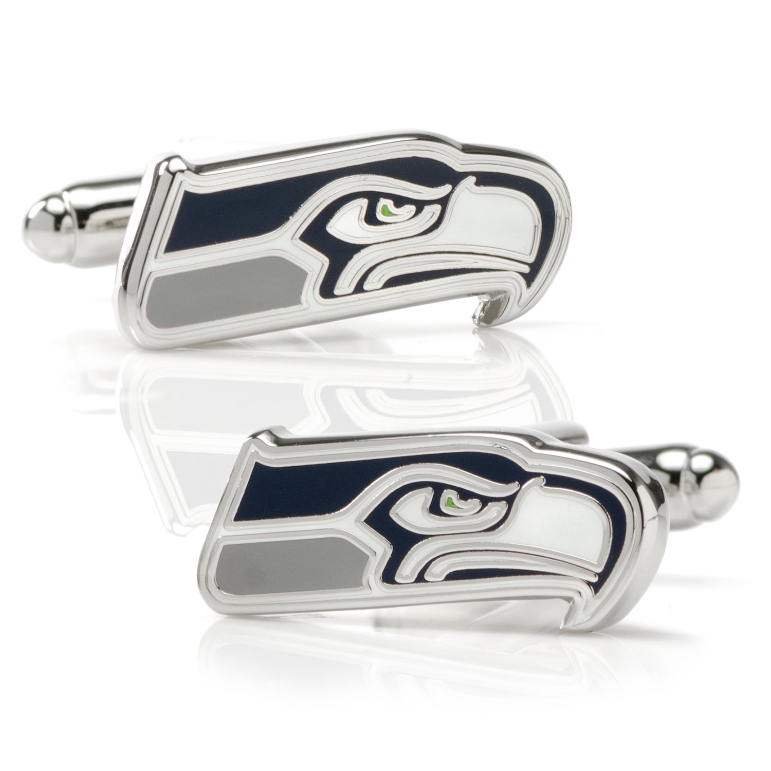 The NFL Seattle Seahawks Cufflinks and Tie Bar Gift Set from Cufflinks.com features the team’s logo in blue, white, and green on a silver base—ideal NFL accessories for any dedicated fan.