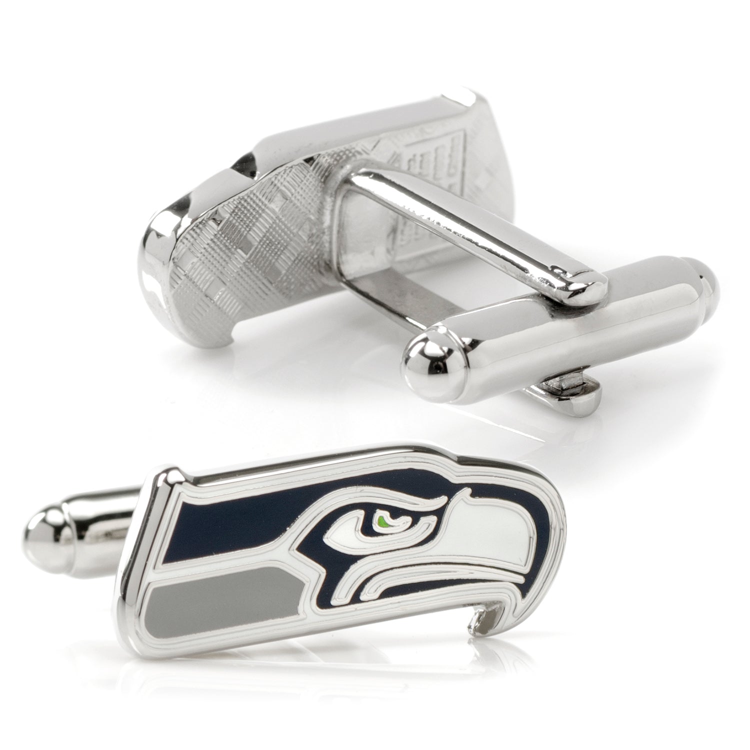The NFL Seattle Seahawks Cufflinks and Tie Bar Gift Set from Cufflinks.com features the team’s logo in blue, white, and green on a silver base—ideal NFL accessories for any dedicated fan.