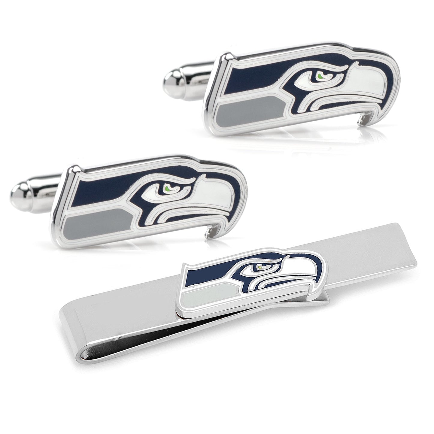 The NFL Seattle Seahawks Cufflinks and Tie Bar Gift Set from Cufflinks.com features the team’s logo in blue, white, and green on a silver base—ideal NFL accessories for any dedicated fan.