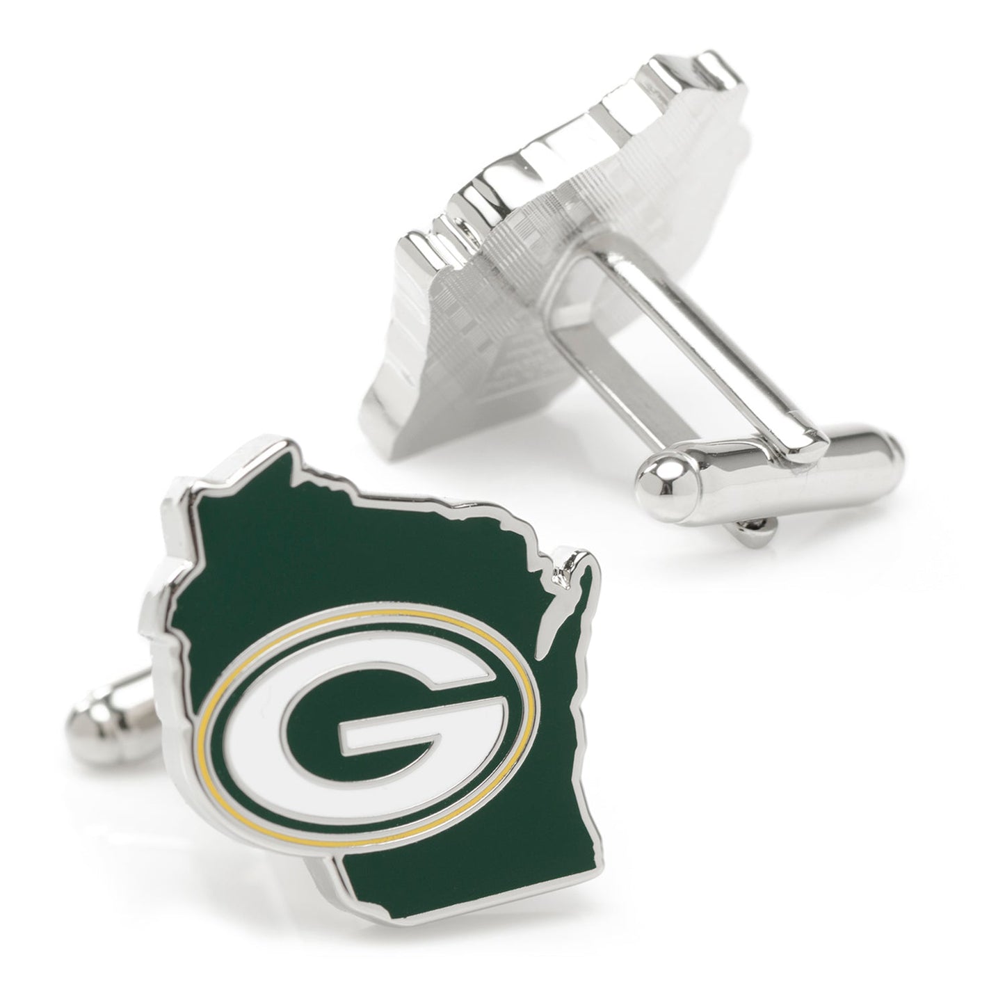Show team spirit with these officially licensed NFL Green Bay Packers State Shaped Cufflinks by Cufflinks.com, crafted in Wisconsin's outline and featuring the Packers logo in green, white, and yellow—perfect for any devoted fan.