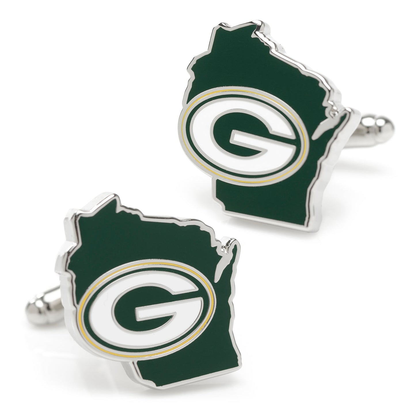 Show team spirit with these officially licensed NFL Green Bay Packers State Shaped Cufflinks by Cufflinks.com, crafted in Wisconsin's outline and featuring the Packers logo in green, white, and yellow—perfect for any devoted fan.