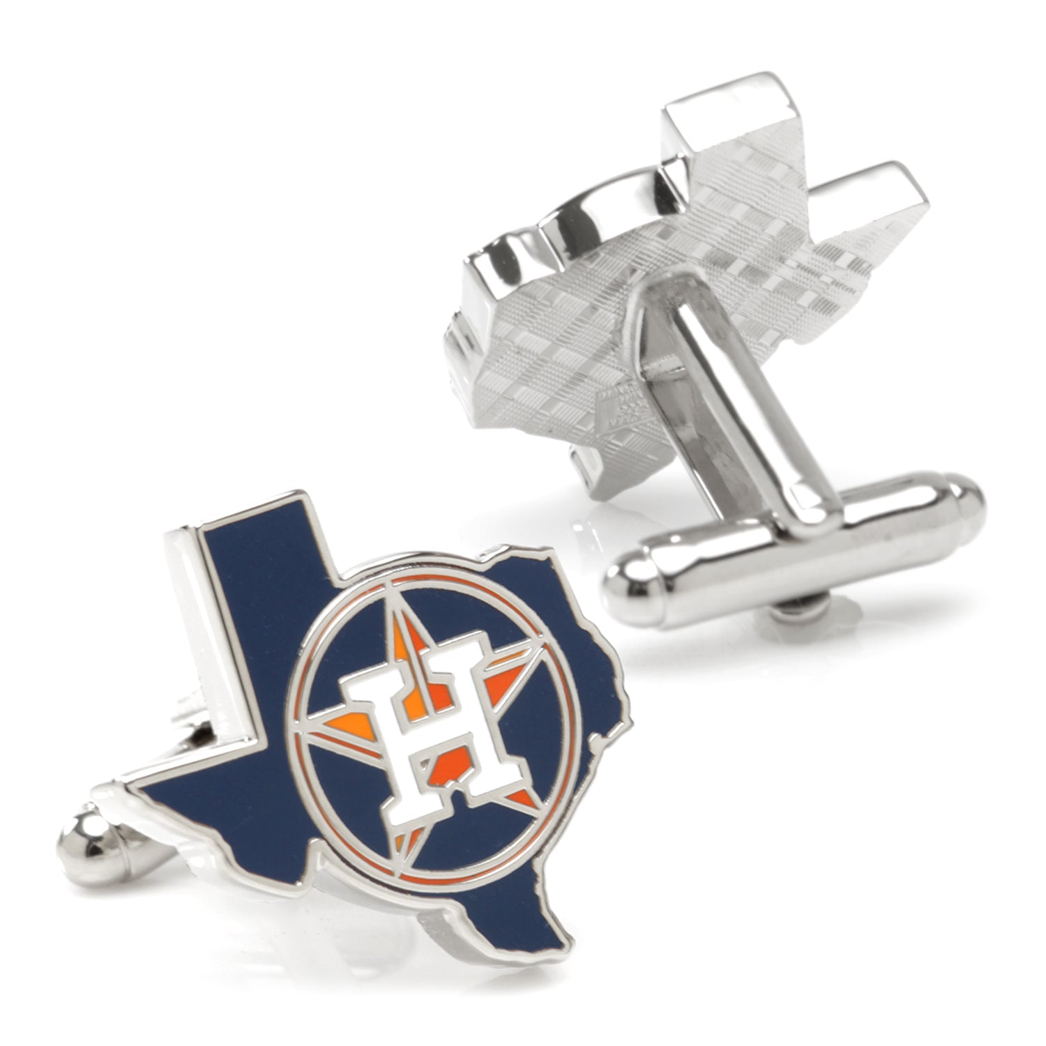 MLB Houston Astros State Shaped Cufflinks by Cufflinks.com feature the team logo in navy, orange, and white on Texas-shaped cufflinks. Officially licensed.