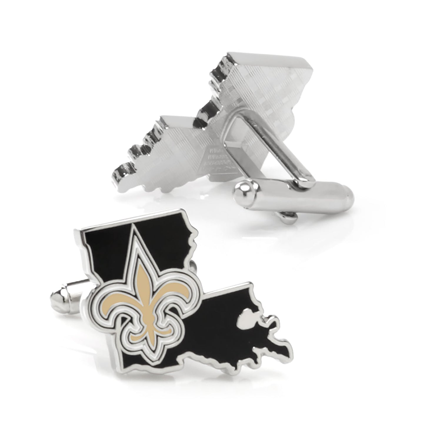 Show your team spirit with NFL New Orleans Saints State Shaped Cufflinks by Cufflinks.com, featuring Louisiana's outline and a gold and black fleur-de-lis—an ideal gift for any Saints fan.
