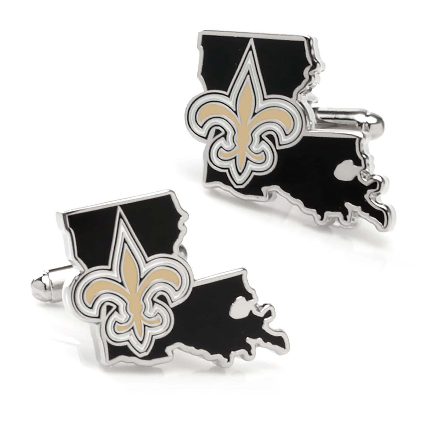 Show your team spirit with NFL New Orleans Saints State Shaped Cufflinks by Cufflinks.com, featuring Louisiana's outline and a gold and black fleur-de-lis—an ideal gift for any Saints fan.