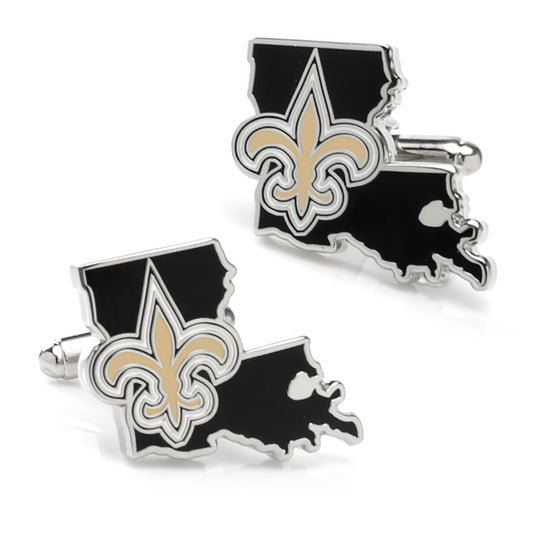 Show your team spirit with NFL New Orleans Saints State Shaped Cufflinks by Cufflinks.com, featuring Louisiana's outline and a gold and black fleur-de-lis—an ideal gift for any Saints fan.