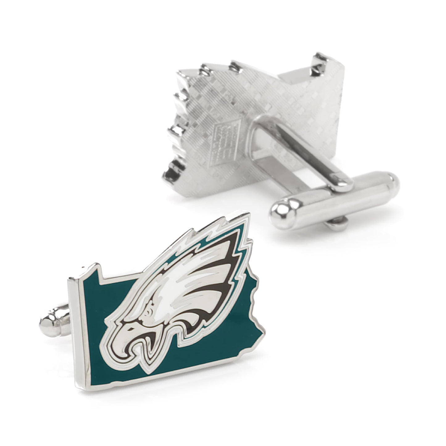 Show your team spirit with the NFL Philadelphia Eagles State Shaped Cufflinks by Cufflinks.com, featuring the Eagles logo on a bold green Pennsylvania-shaped design.