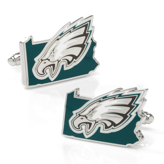 Show your team spirit with the NFL Philadelphia Eagles State Shaped Cufflinks by Cufflinks.com, featuring the Eagles logo on a bold green Pennsylvania-shaped design.