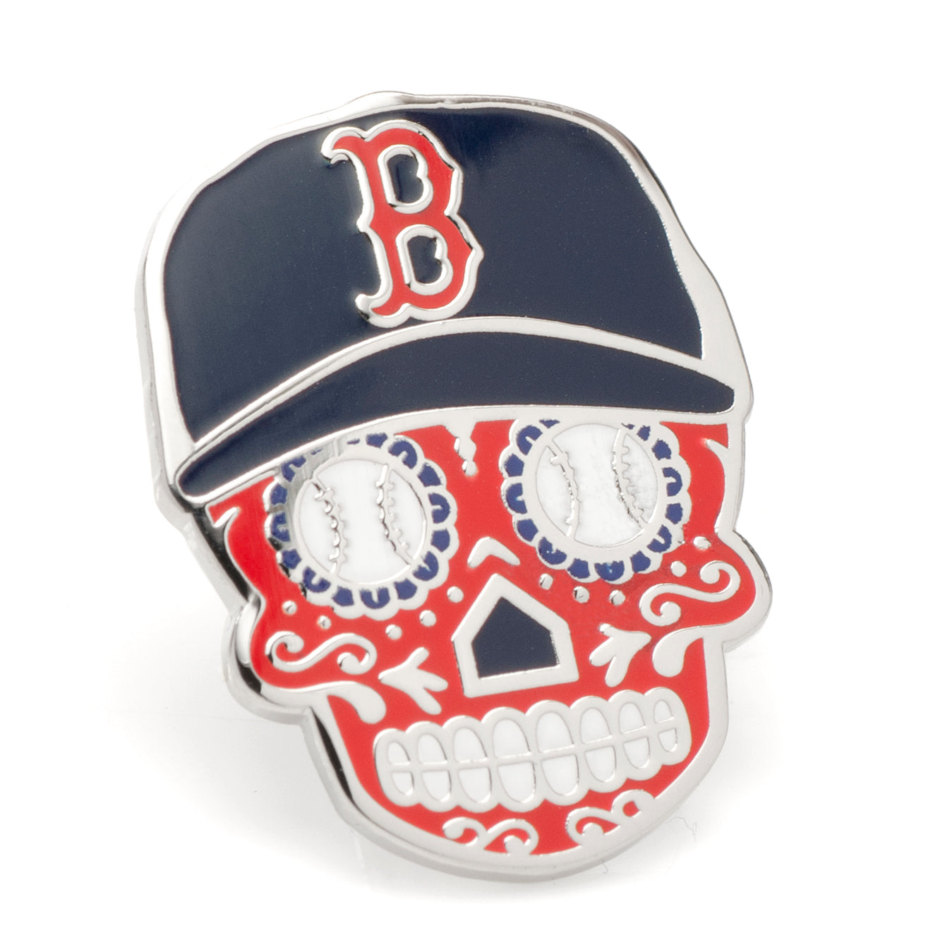 Show your team spirit with the MLB Boston Red Sox Sugar Skull Lapel Pin by Cufflinks.com, featuring baseball-stitched eyes, a navy cap with a red "B" logo, and red and white accents—perfect for fans and collectors.