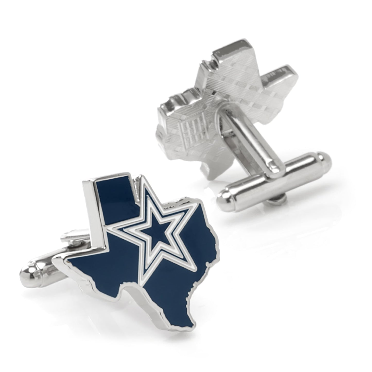 NFL Dallas Cowboys State Shaped Cufflinks by Cufflinks.com feature a Texas silhouette with a blue background and the white Cowboys star at the center. Officially licensed accessory for fans.
