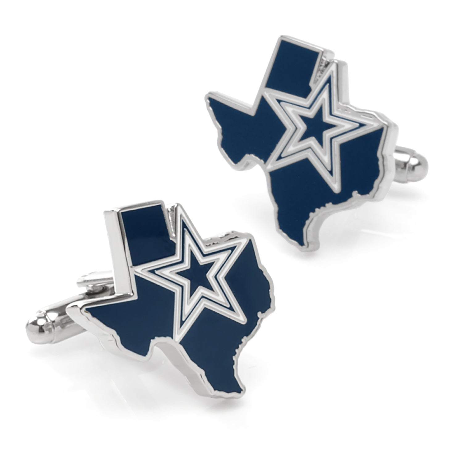 NFL Dallas Cowboys State Shaped Cufflinks by Cufflinks.com feature a Texas silhouette with a blue background and the white Cowboys star at the center. Officially licensed accessory for fans.