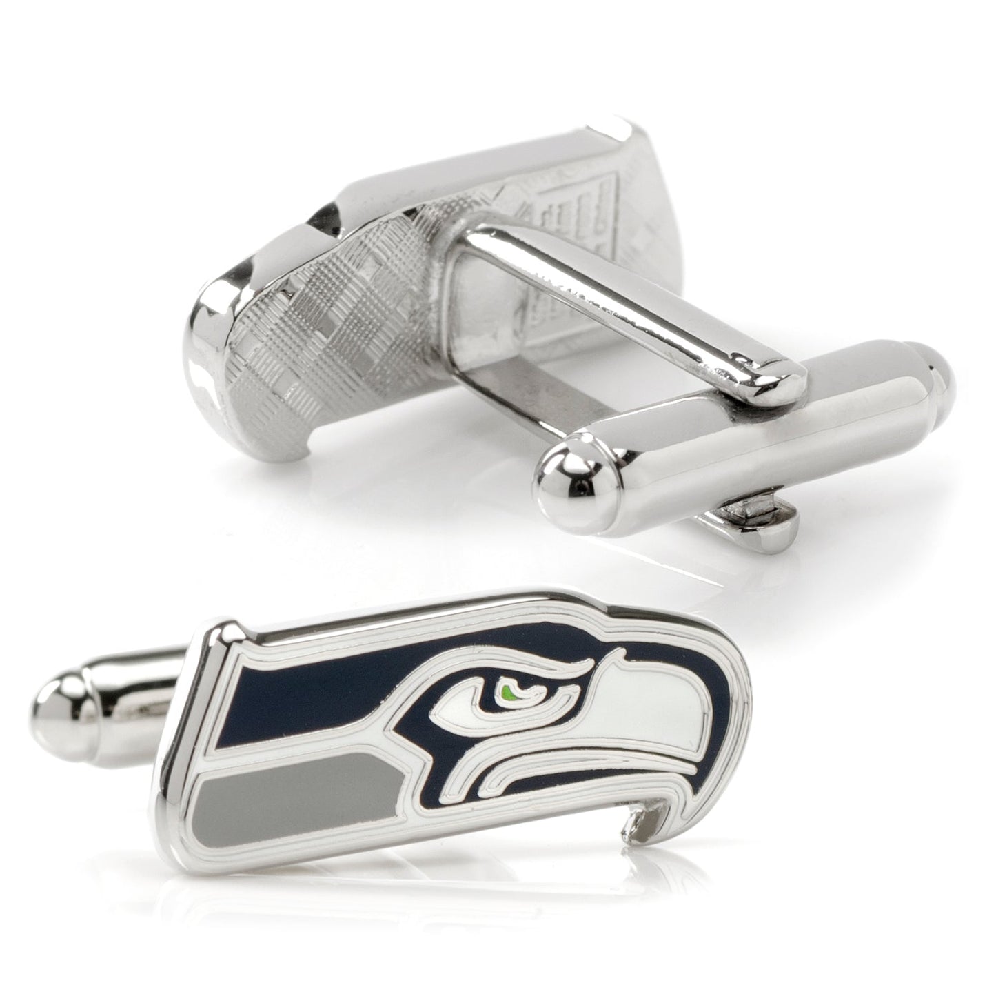 The NFL Seattle Seahawks Cufflinks by Cufflinks.com feature the team logo in blue, grey, and white with a vivid green eye accent for a bold, polished accessory.