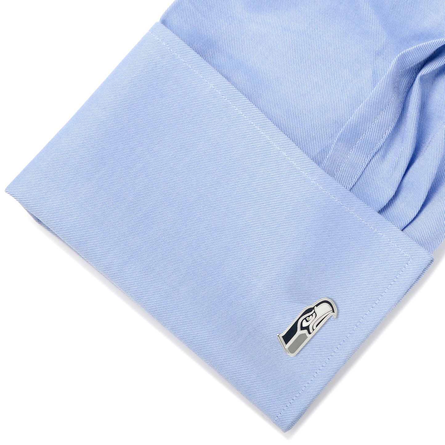 The NFL Seattle Seahawks Cufflinks by Cufflinks.com feature the team logo in blue, grey, and white with a vivid green eye accent for a bold, polished accessory.