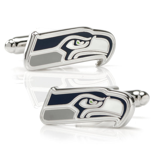 The NFL Seattle Seahawks Cufflinks by Cufflinks.com feature the team logo in blue, grey, and white with a vivid green eye accent for a bold, polished accessory.