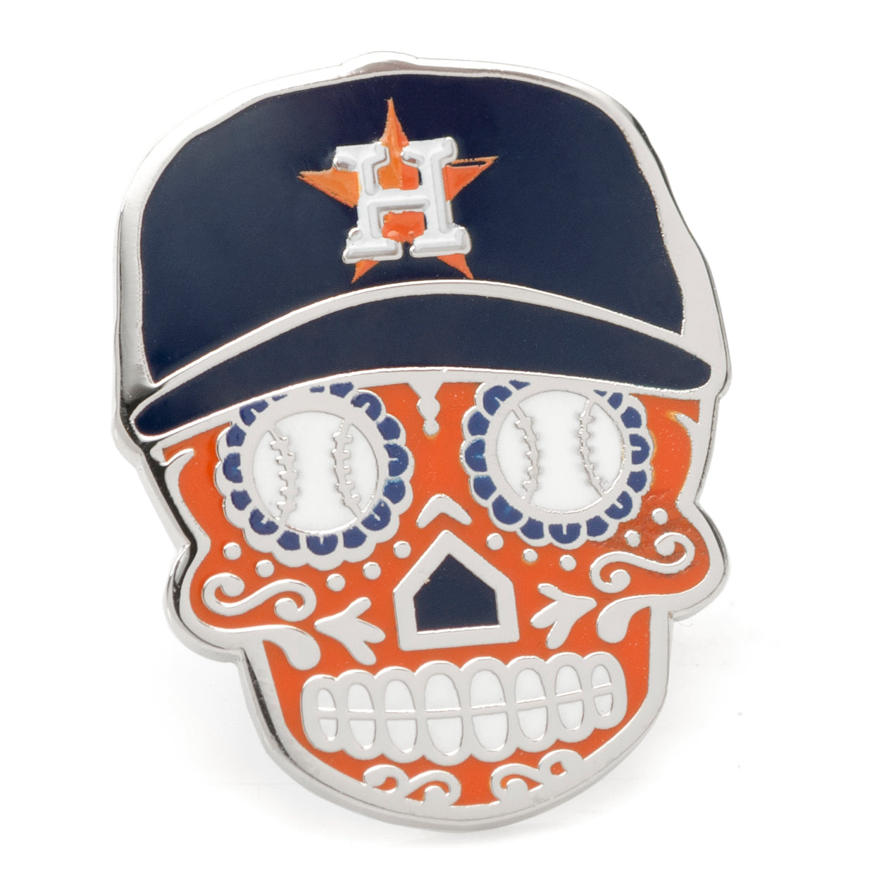 The Cufflinks.com MLB Houston Astros Sugar Skull Lapel Pin features baseball eyes, orange and white designs, and a navy cap with an orange "H" and star—an ideal Día de Muertos accessory for Astros fans.