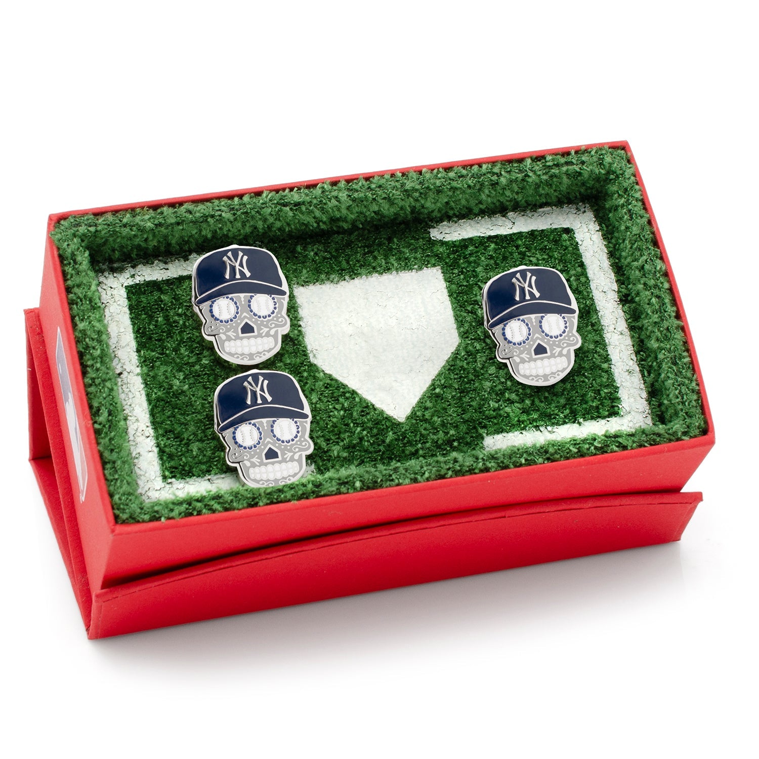 The MLB New York Yankees Sugar Skull Cufflinks & Lapel Pin Gift Set from Cufflinks.com features baseball-inspired skull cufflinks—a unique gift for Día de Muertos fans.