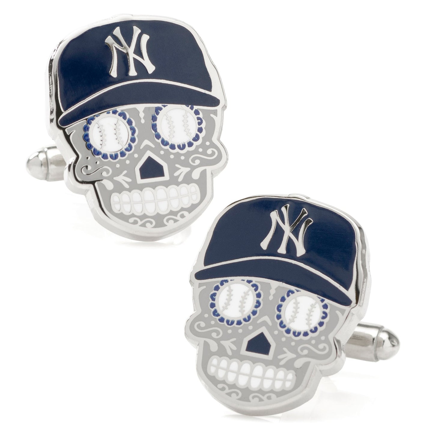 The MLB New York Yankees Sugar Skull Cufflinks & Lapel Pin Gift Set from Cufflinks.com features baseball-inspired skull cufflinks—a unique gift for Día de Muertos fans.