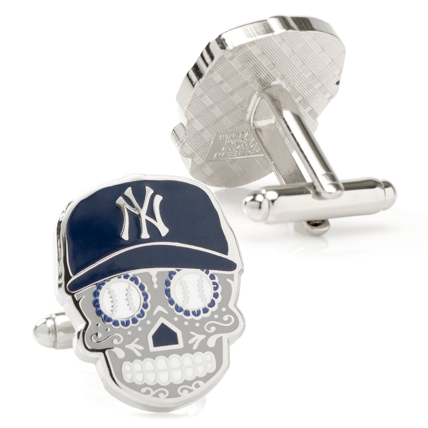 The MLB New York Yankees Sugar Skull Cufflinks & Lapel Pin Gift Set from Cufflinks.com features baseball-inspired skull cufflinks—a unique gift for Día de Muertos fans.