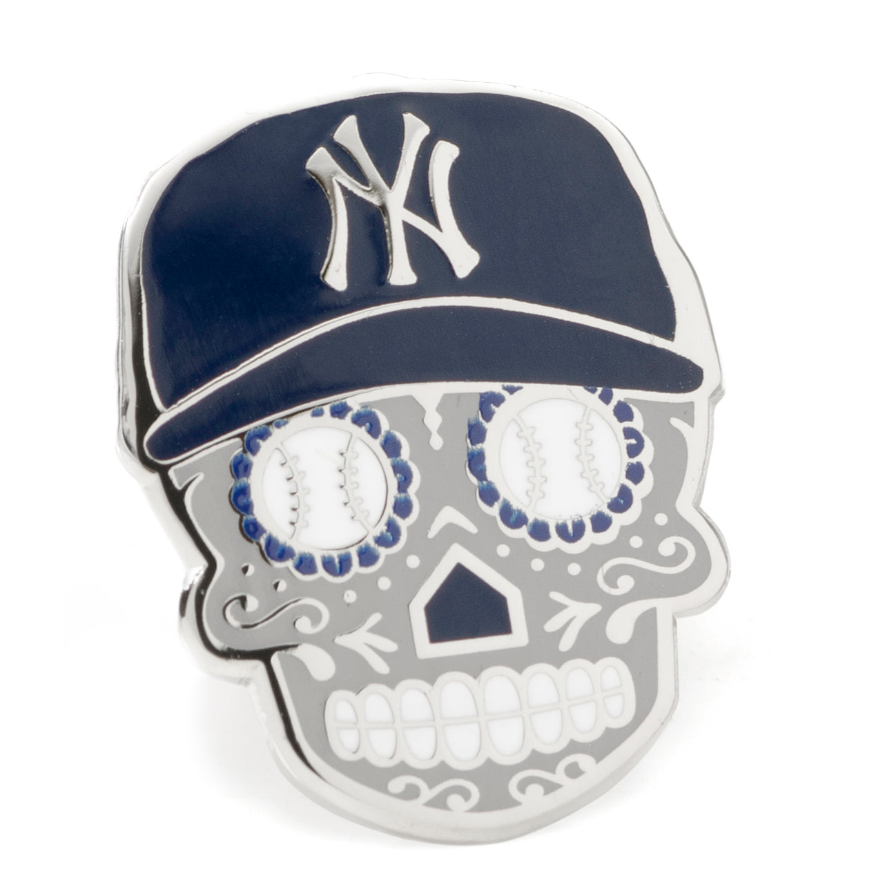 The MLB New York Yankees Sugar Skull Cufflinks & Lapel Pin Gift Set from Cufflinks.com features baseball-inspired skull cufflinks—a unique gift for Día de Muertos fans.