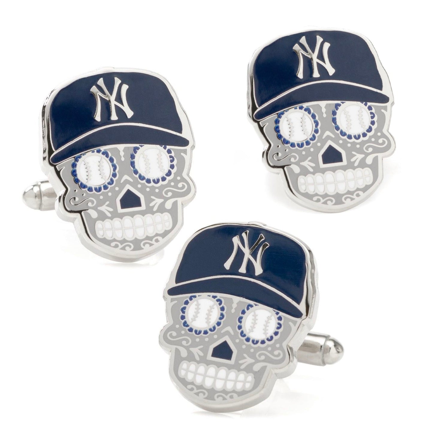The MLB New York Yankees Sugar Skull Cufflinks & Lapel Pin Gift Set from Cufflinks.com features baseball-inspired skull cufflinks—a unique gift for Día de Muertos fans.