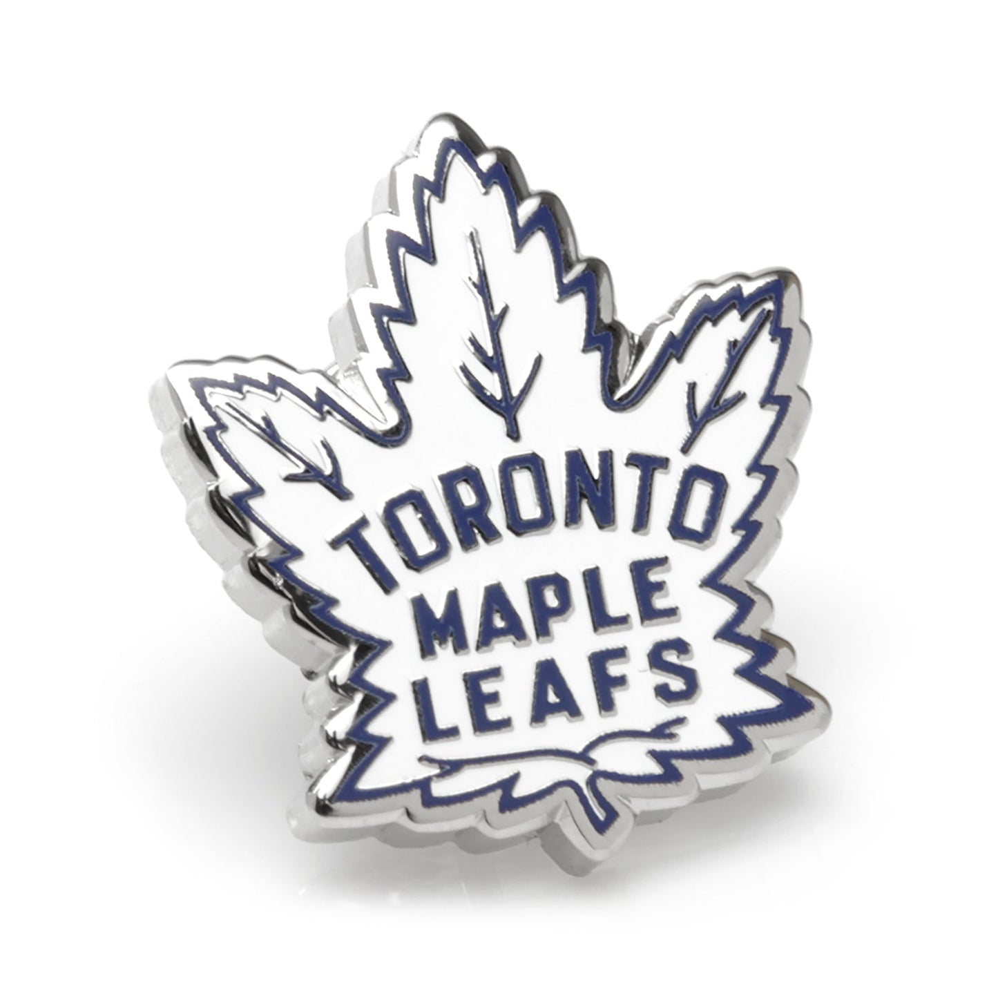 The Cufflinks.com NHL Toronto Maple Leafs Throwback Lapel Pin features a classic maple leaf design in silver and white with bold blue "Toronto Maple Leafs" lettering—perfect for any fan or collector.