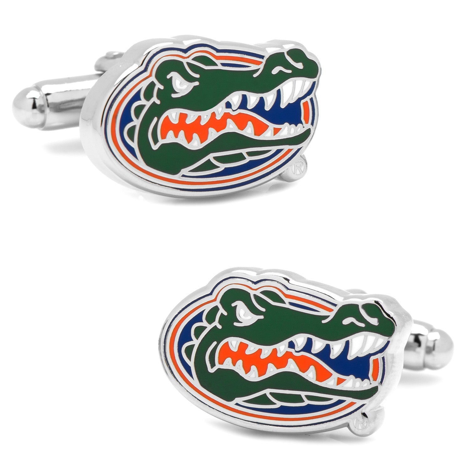 The NCAA University of Florida Cufflinks and Tie Bar Gift Set by Cufflinks.com features the Gators logo in green, orange, and blue enamel—an ideal NCAA gift for Florida Gators fans and alumni.