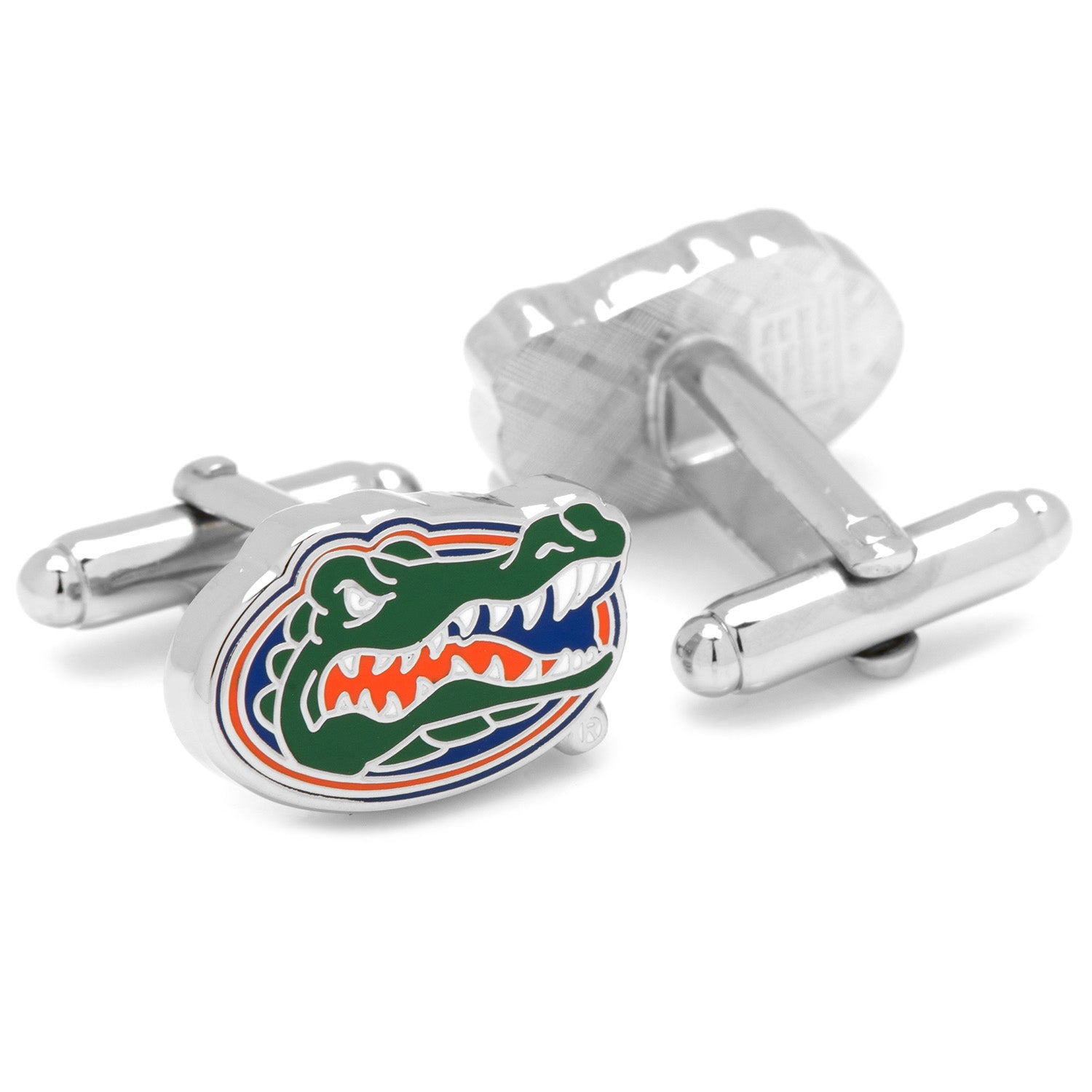 The NCAA University of Florida Cufflinks and Tie Bar Gift Set by Cufflinks.com features the Gators logo in green, orange, and blue enamel—an ideal NCAA gift for Florida Gators fans and alumni.
