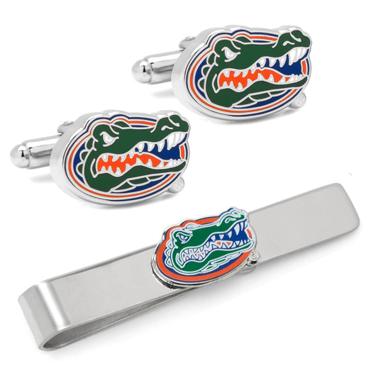 The NCAA University of Florida Cufflinks and Tie Bar Gift Set by Cufflinks.com features the Gators logo in green, orange, and blue enamel—an ideal NCAA gift for Florida Gators fans and alumni.