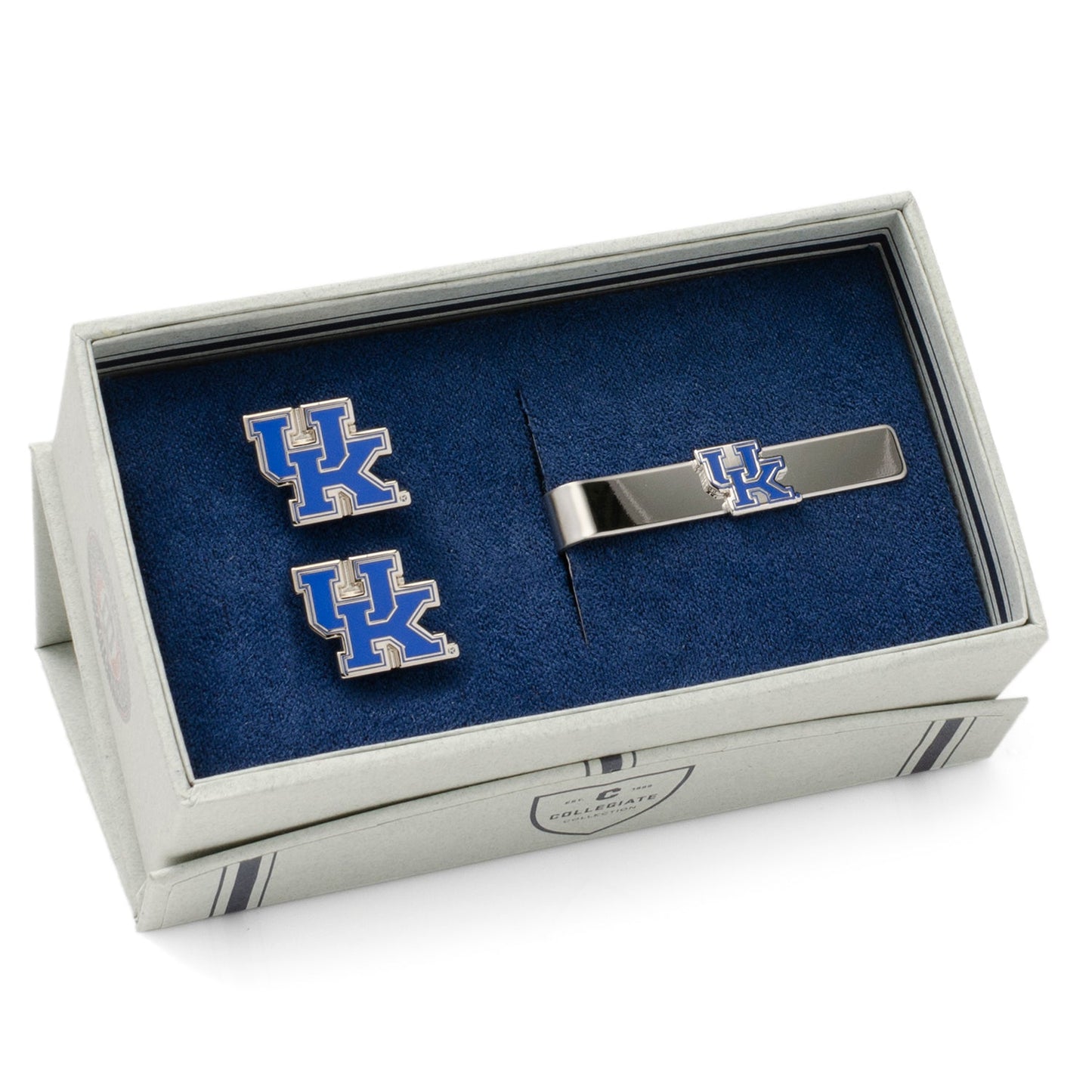 Show your school spirit with the NCAA University of Kentucky Cufflinks and Tie Bar Gift Set from Cufflinks.com, featuring matching cufflinks and a tie bar adorned with the blue and white "UK" logo on a crisp white background.