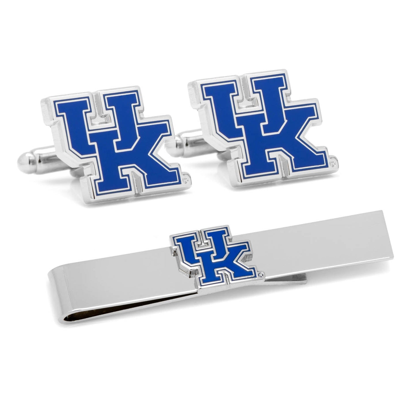 Show your school spirit with the NCAA University of Kentucky Cufflinks and Tie Bar Gift Set from Cufflinks.com, featuring matching cufflinks and a tie bar adorned with the blue and white "UK" logo on a crisp white background.