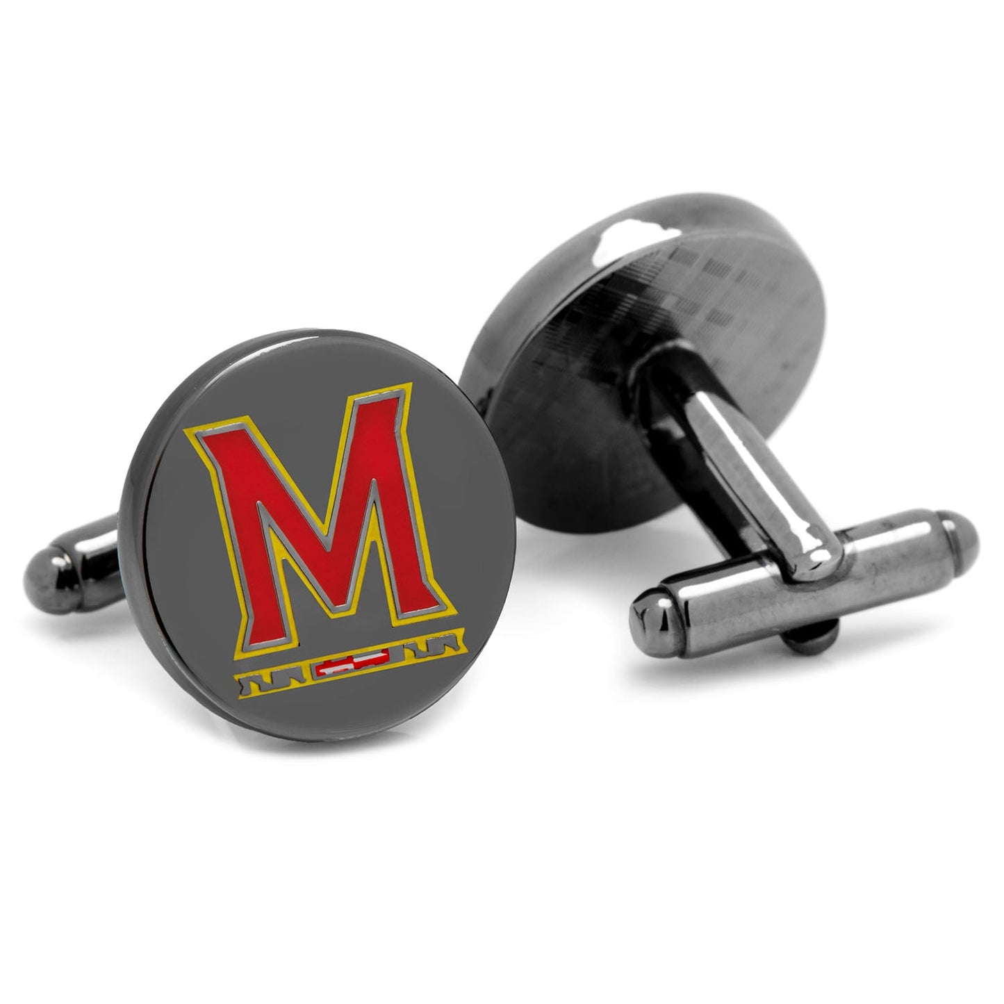 The NCAA University of Maryland Cufflinks by Cufflinks.com feature a bold red and yellow "M" with a Maryland flag detail at the base on a dark background.