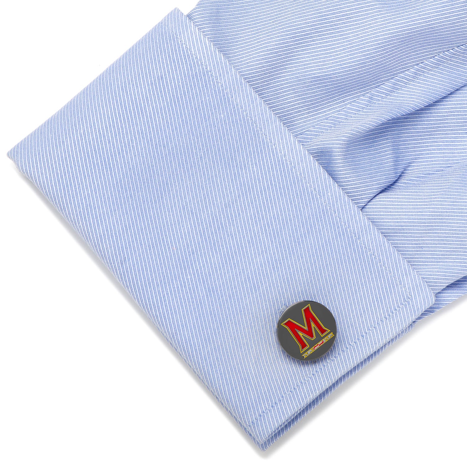 The NCAA University of Maryland Cufflinks by Cufflinks.com feature a bold red and yellow "M" with a Maryland flag detail at the base on a dark background.
