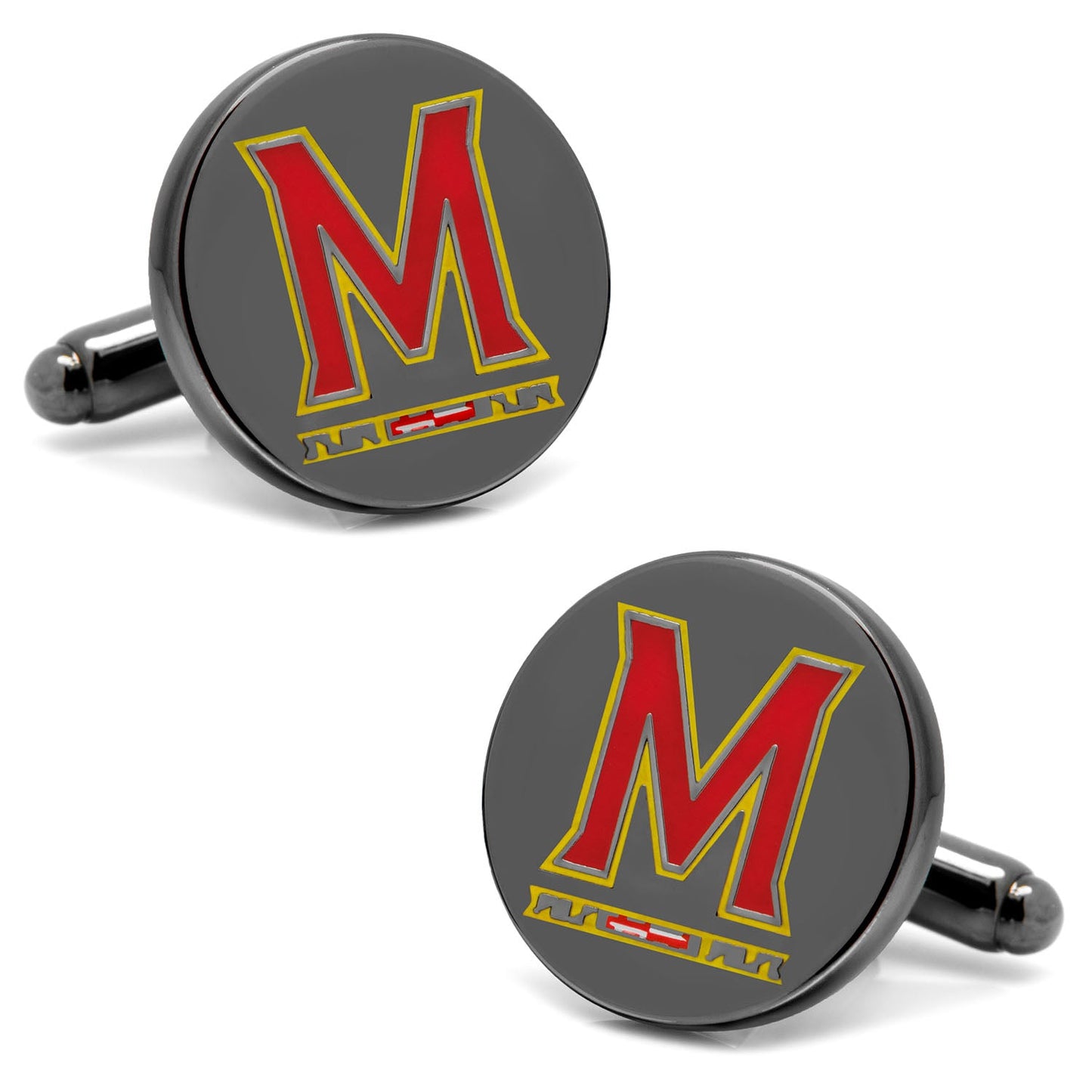 The NCAA University of Maryland Cufflinks by Cufflinks.com feature a bold red and yellow "M" with a Maryland flag detail at the base on a dark background.