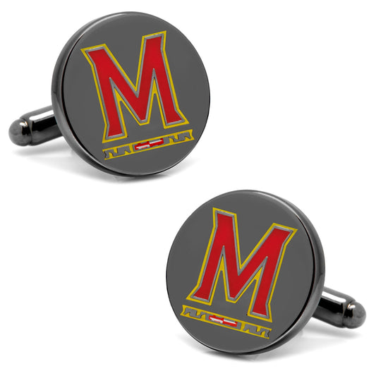 The NCAA University of Maryland Cufflinks by Cufflinks.com feature a bold red and yellow "M" with a Maryland flag detail at the base on a dark background.