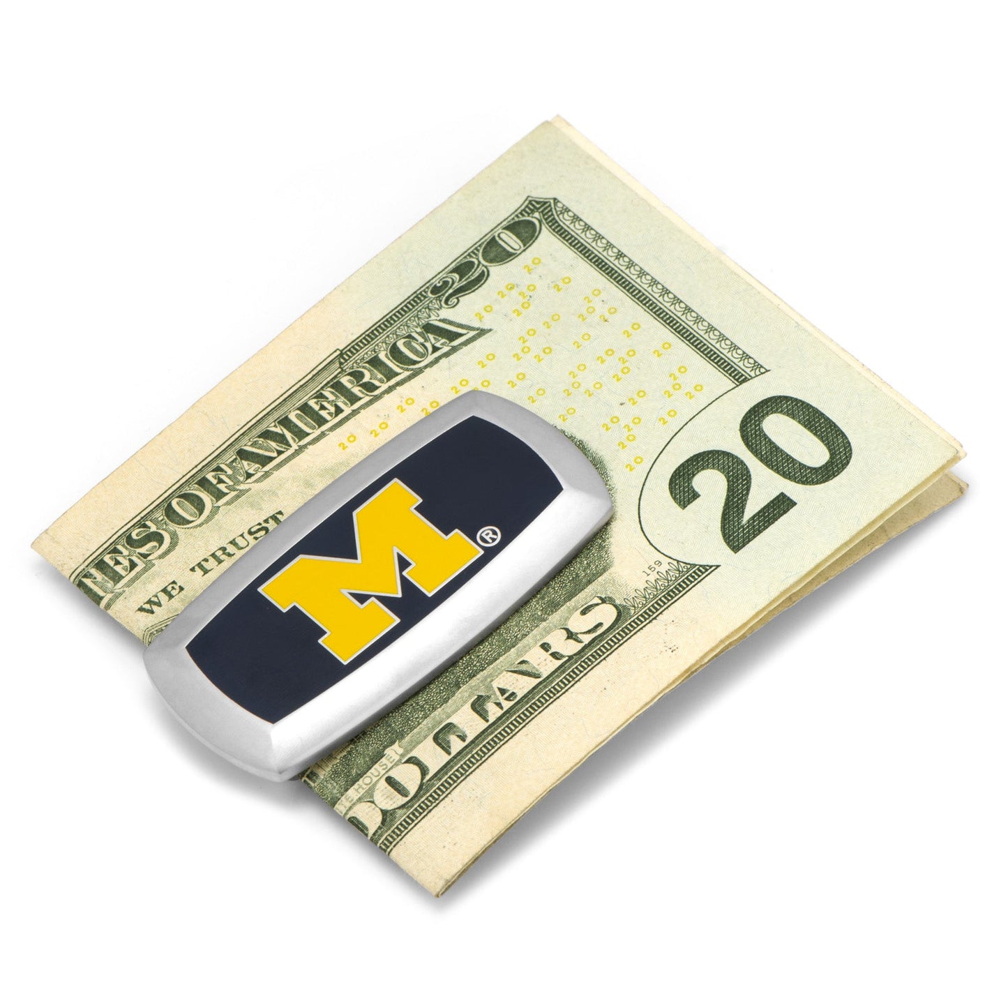 The NCAA University of Michigan Wolverines Cushion Money Clip by Cufflinks.com features a silver finish and navy insert with a bold yellow "M"—a stylish accessory for any devoted Michigan fan.