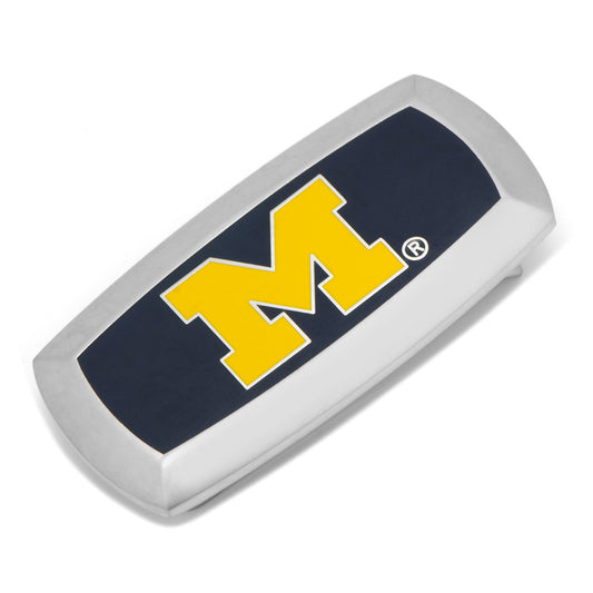 The NCAA University of Michigan Wolverines Cushion Money Clip by Cufflinks.com features a silver finish and navy insert with a bold yellow "M"—a stylish accessory for any devoted Michigan fan.