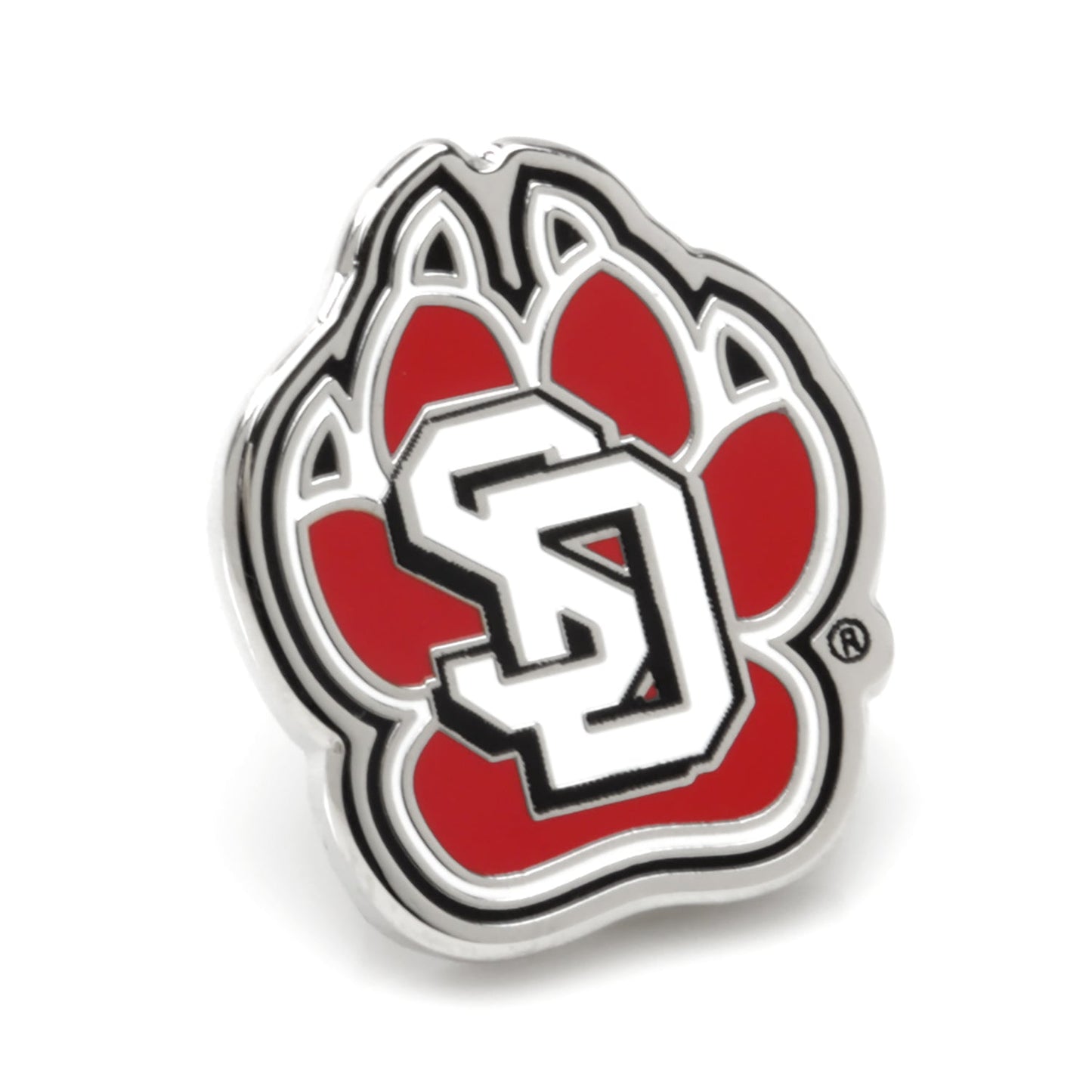 Show your school spirit with the NCAA University of South Dakota Lapel Pin by Cufflinks.com—a red paw print with silver outline and white "SD" letters, perfect for any Coyotes fan or NCAA supporter.