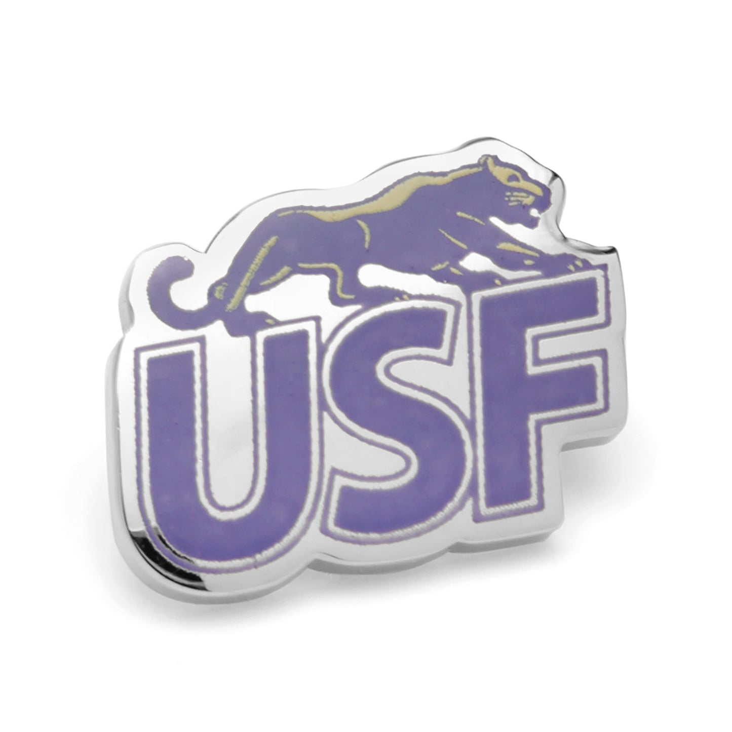 The NCAA University of Sioux Falls Lapel Pin by Cufflinks.com features silver-toned "USF" letters in purple, accented by a leaping panther to represent the University of Sioux Falls Cougars.
