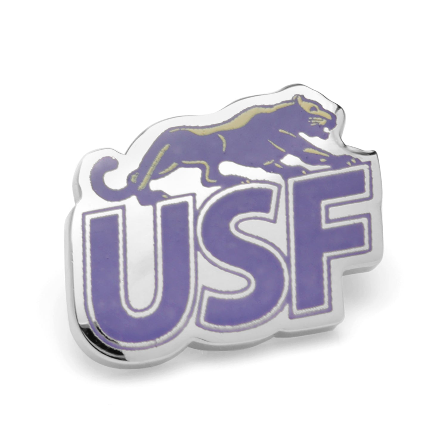 The NCAA University of Sioux Falls Lapel Pin by Cufflinks.com features silver-toned "USF" letters in purple, accented by a leaping panther to represent the University of Sioux Falls Cougars.